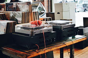 a vinyl record player used at the shop