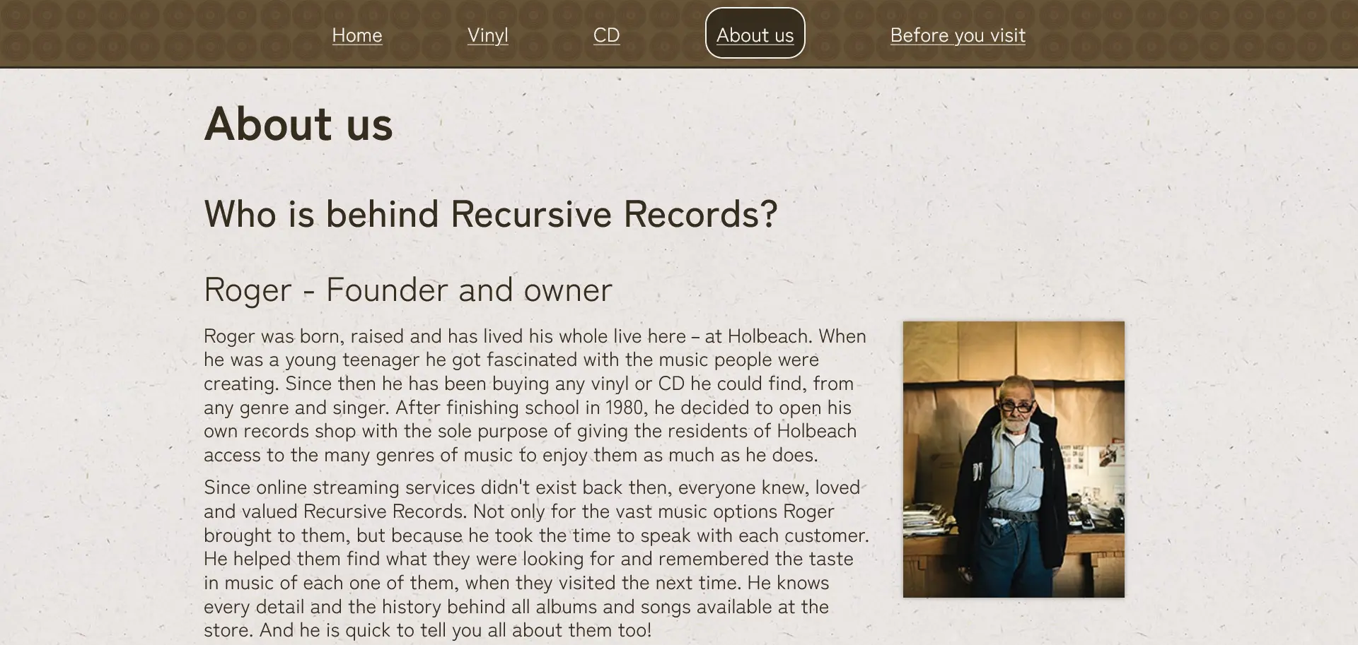 Screenshot of the About page for Recursive Records with text about the owner and an picture of him looking at the camera.