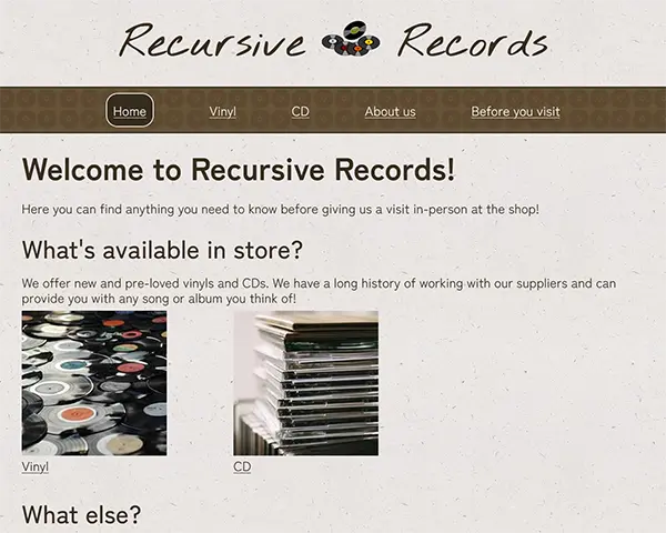 Screenshot of the homepage for Recursive records, showing short introductory text and image links to the Vinyl and CD pages on the website.