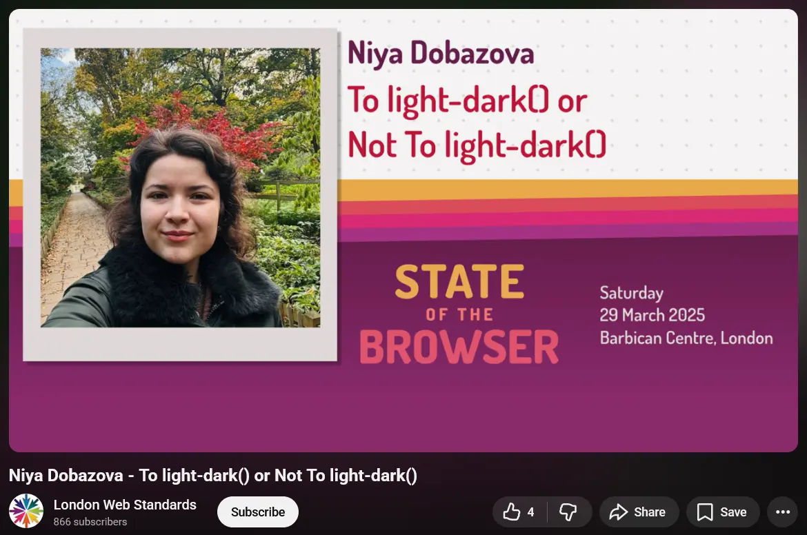 Screenshot of the Youtube page where Niya's talk at State of the Browser is published.
